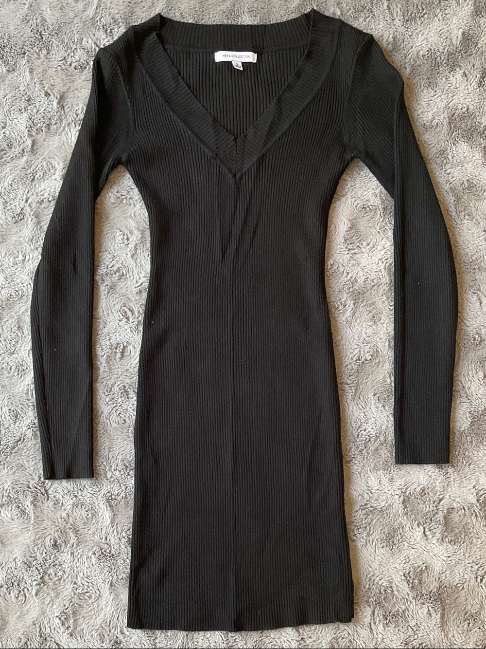 Hera Collection Black Long Sleeve Ribbed V-Neck Dress